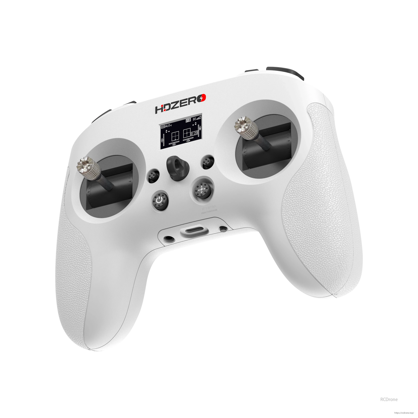 Angled bottom-front view showing HDZero transmitter sticks, buttons, and USB-C port area