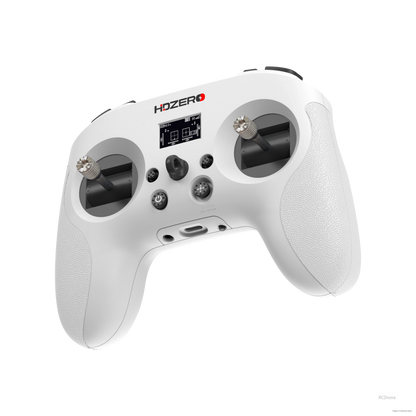 Angled bottom-front view showing HDZero transmitter sticks, buttons, and USB-C port area