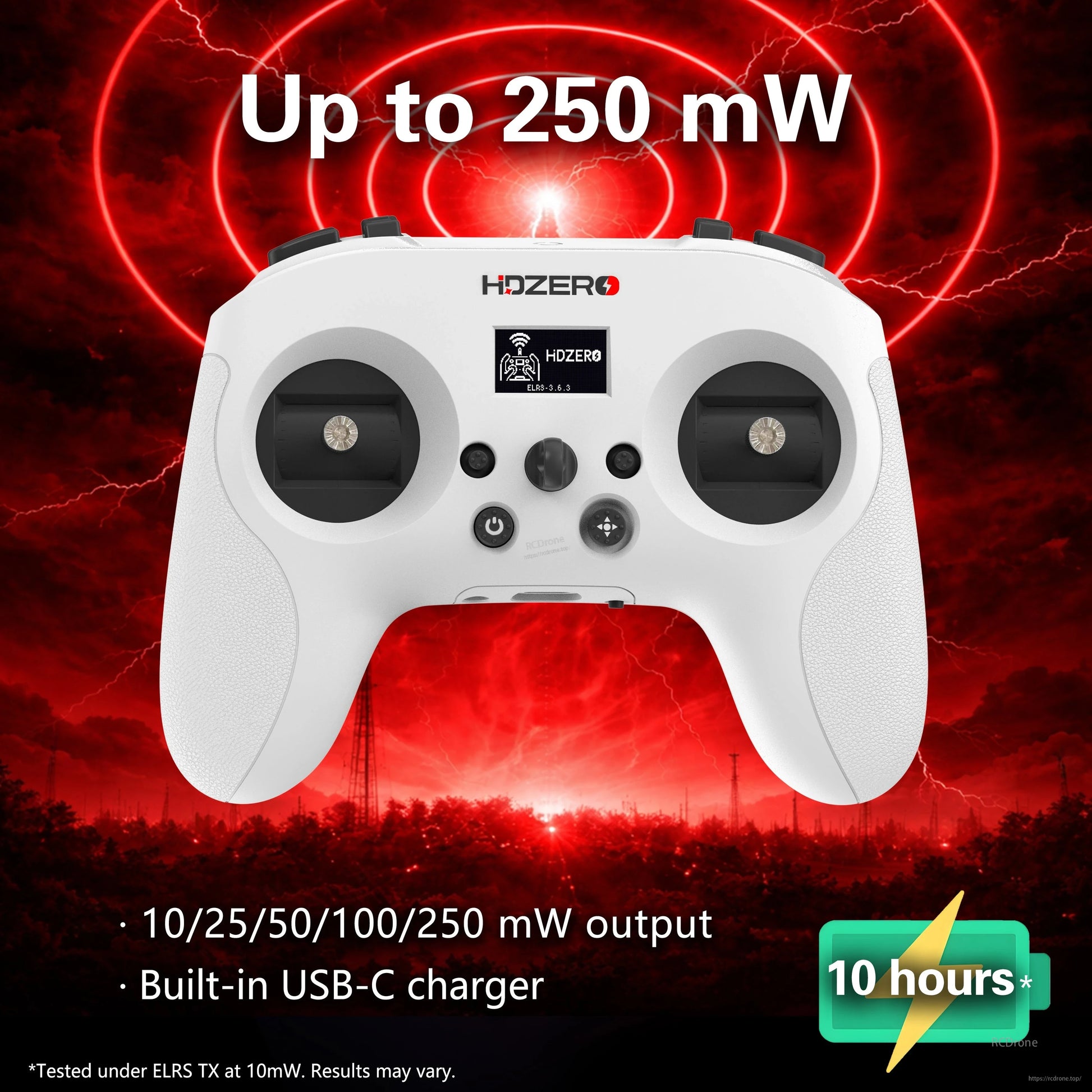 Output power graphic for HDZero ELRS transmitter showing 10/25/50/100/250 mW options and USB-C charger