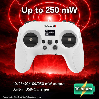 Output power graphic for HDZero ELRS transmitter showing 10/25/50/100/250 mW options and USB-C charger