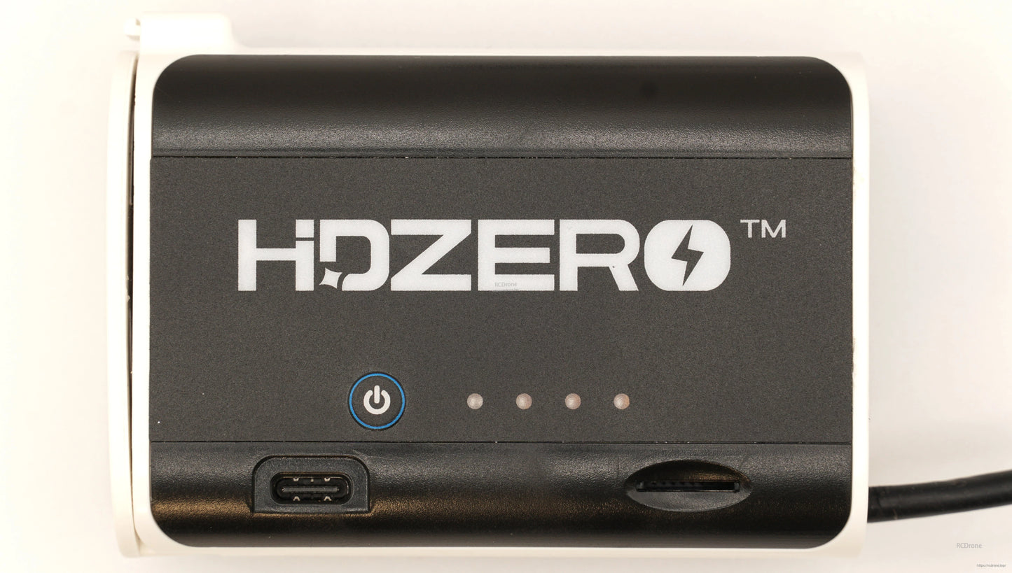 Front close-up of HDZero battery case showing logo, power button, LED indicator row, and USB-C port