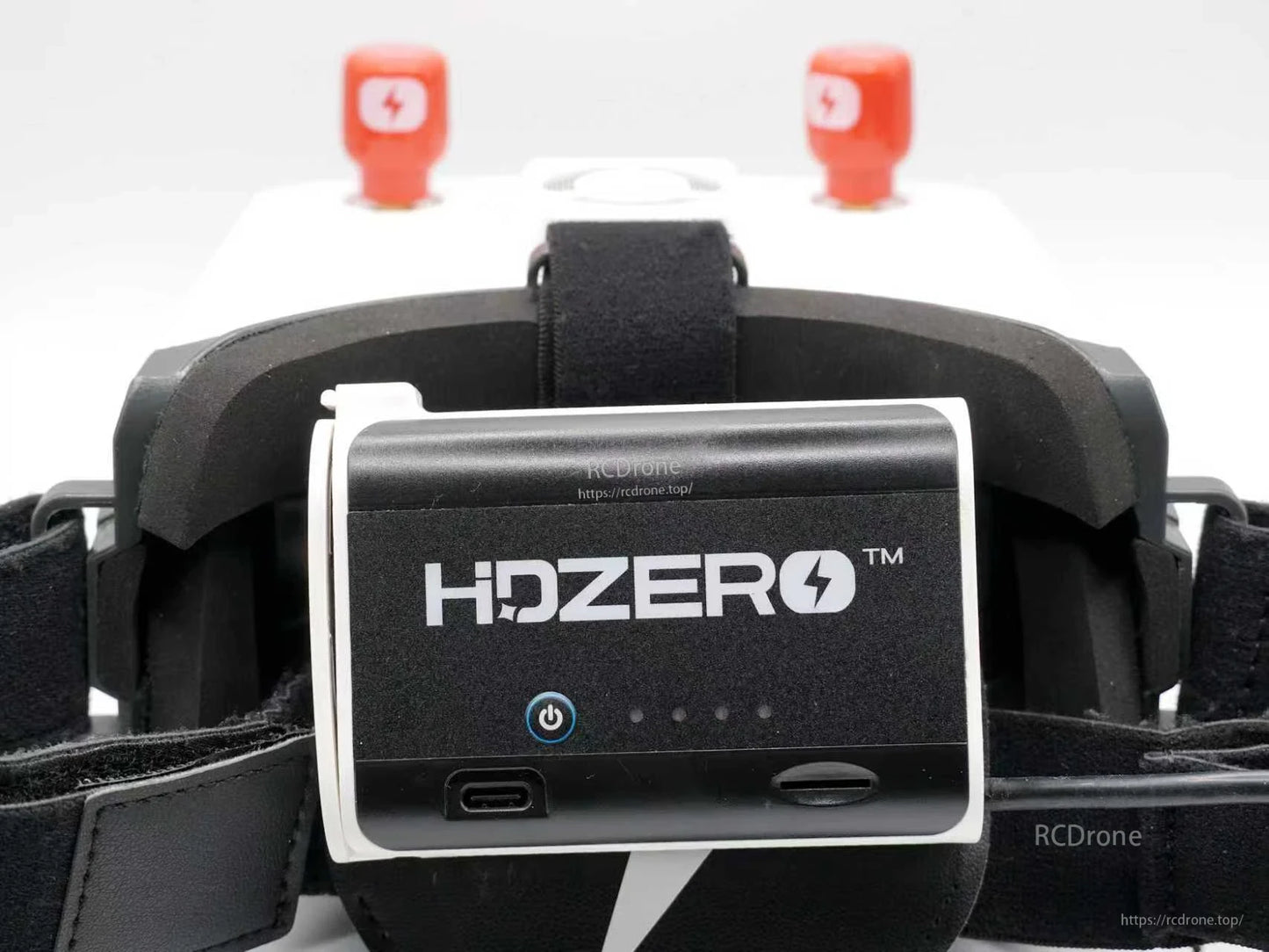HDZero Rear-Mount Battery Case on goggle strap, showing power button, USB-C port, and indicator LEDs