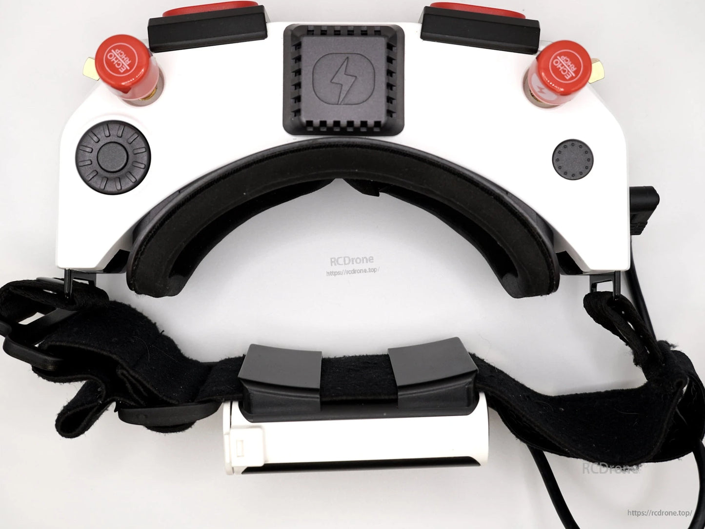 Top view of HDZero goggles with HDZero Rear-Mount Battery Case attached at the rear strap mount