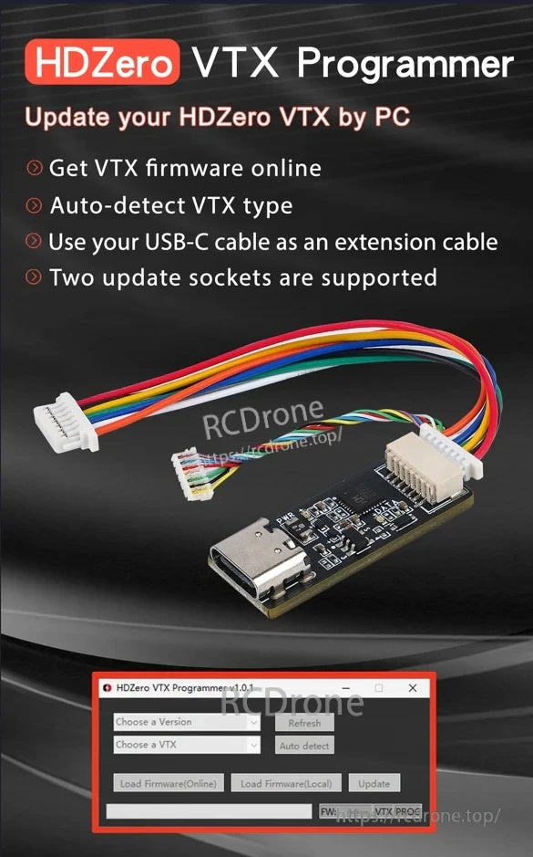 HDZero VTX Programmer USB board with dual update sockets, USB‑C extension lead, and PC firmware update software screen