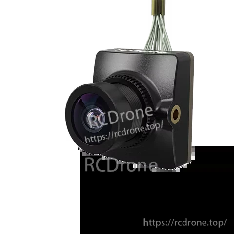 FPV camera close-up with front lens and ribbon cable connection, square housing for whoop builds