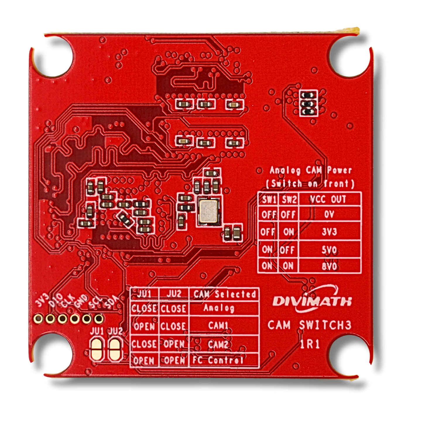 Analog/HDZero Adapter PCB bottom view with printed CAM switch and power selection tables