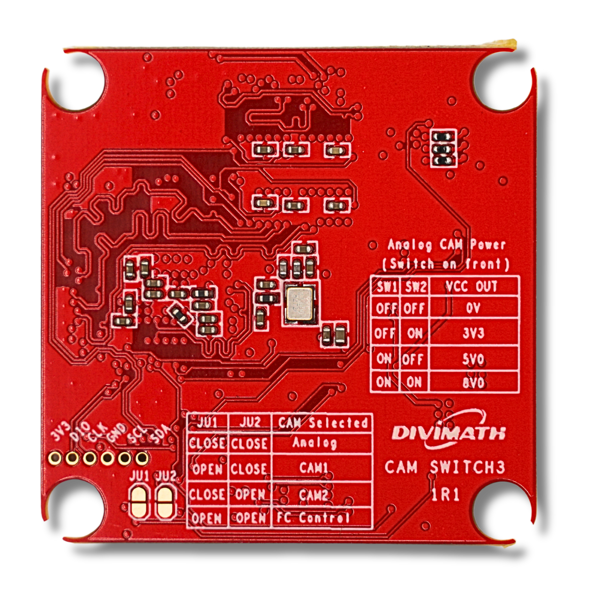Analog/HDZero Adapter PCB bottom view with printed CAM switch and power selection tables