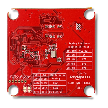 Analog/HDZero Adapter PCB bottom view with printed CAM switch and power selection tables