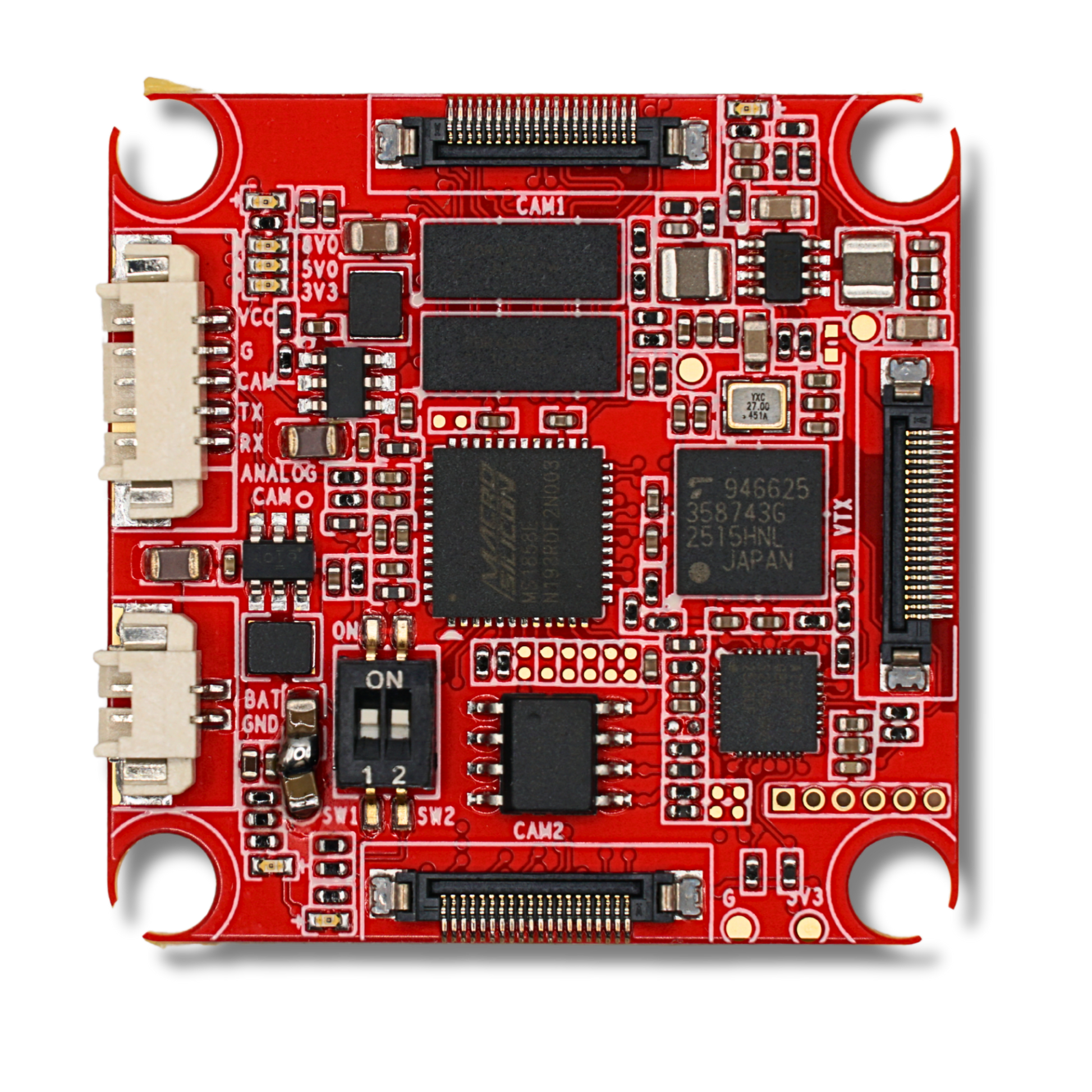 Analog/HDZero Adapter PCB top view with dual JST connectors, MIPI connectors, and onboard switches