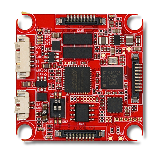Analog/HDZero Adapter PCB top view with dual JST connectors, MIPI connectors, and onboard switches