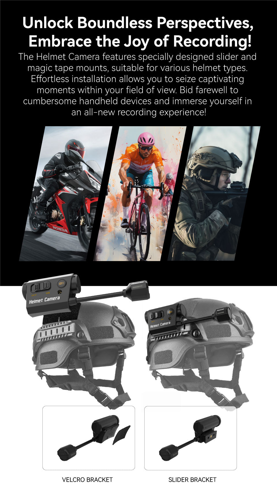 RunCam Helmet Camera, Helmet Camera features specially designed slider and magic tape mounts, suitable for various helmet types