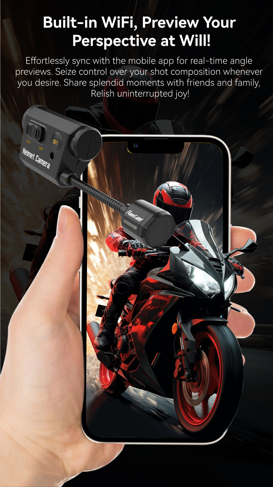 RunCam Helmet Camera, Sync with the mobile app for real-time angle previews . Share splendid moments with