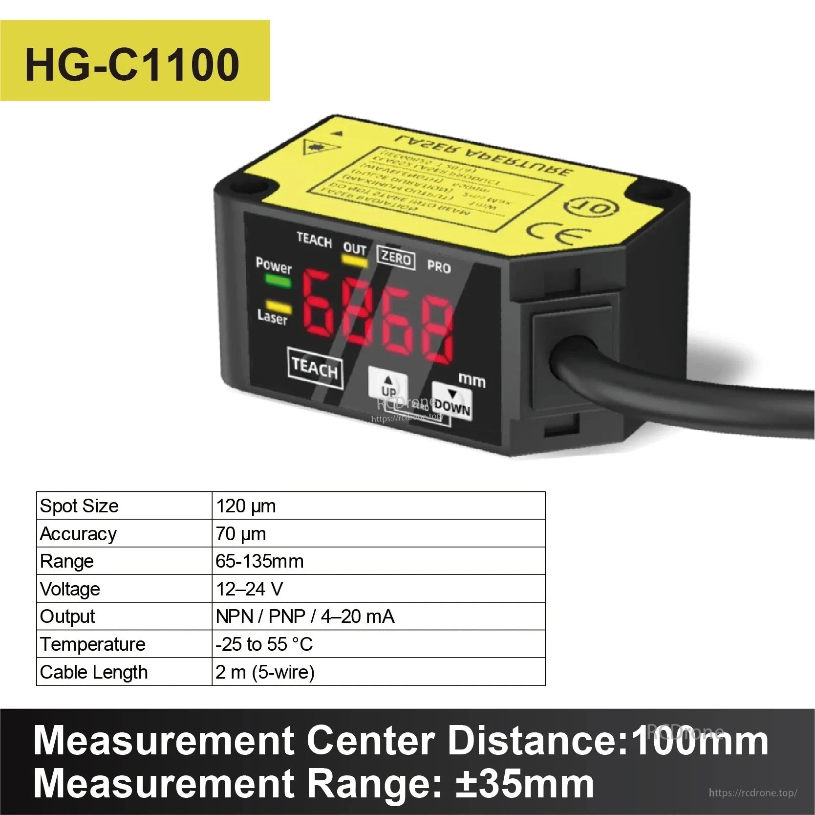 HG-C1030 Laser Distance Sensor, HG-C1100 laser sensor: 120µm spot, ±70µm accuracy, 65-135mm range, 12-24V, NPN/PNP 4-20mA output, -25 to 55°C, 2m cable. Measurement center at 100mm, ±35mm range.