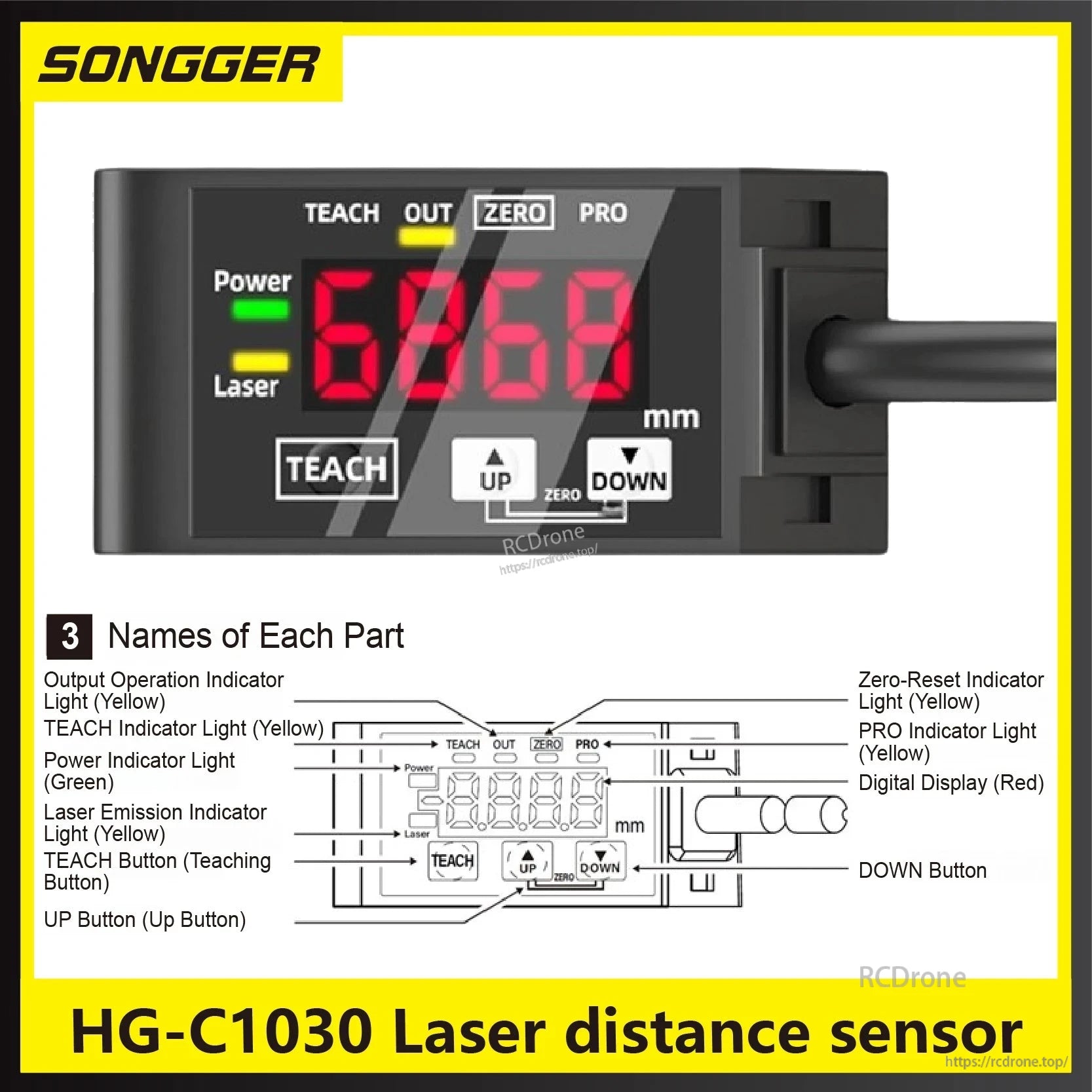 HG-C1030 Laser Distance Sensor, Laser distance sensor with digital display, TEACH function, UP/DOWN buttons, indicator lights, mm measurement, analog output, PNP/NPN, IP67 rated, and fast response.