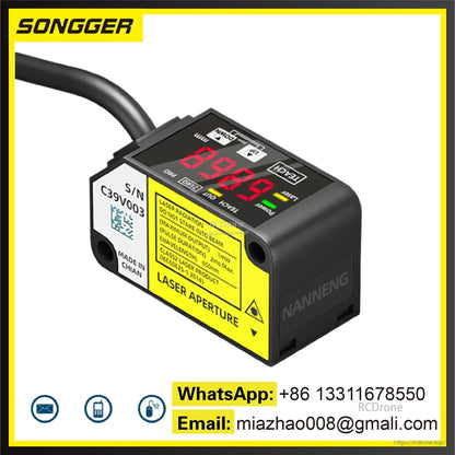 HG-C1030 Laser Distance Sensor, SONGGER HG-C1030 laser sensor: IP67, 1.5–10ms response, 0–5V/4–20mA output, PNP/NPN, Class 2 laser (650nm), made in China, model C39V003, marked aperture.