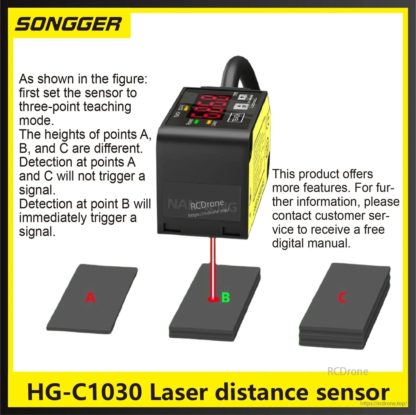 HG-C1030 Laser Distance Sensor, HG-C1030 laser sensor uses three-point teaching: A and C no signal, B triggers instantly. Offers analog output, PNP/NPN, IP67, fast response. Contact support for digital manual. (24 words)