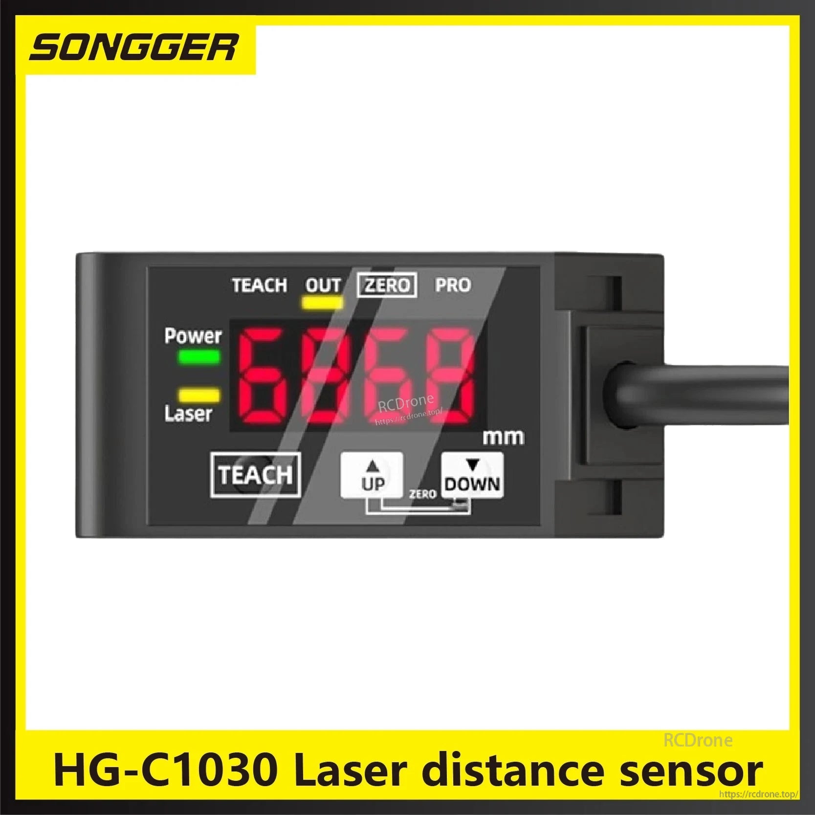 HG-C1030 Laser Distance Sensor, HG-C1030 laser sensor with 0-5V/4-20mA output, PNP/NPN, IP67 rating, 1.5-10ms response, TEACH, ZERO, UP/DOWN controls, and power/laser indicators.