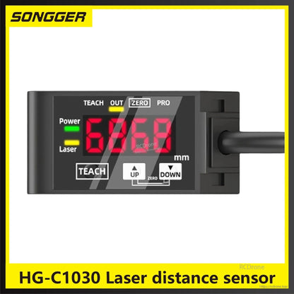 HG-C1030 Laser Distance Sensor, HG-C1030 laser sensor with 0-5V/4-20mA output, PNP/NPN, IP67 rating, 1.5-10ms response, TEACH, ZERO, UP/DOWN controls, and power/laser indicators.