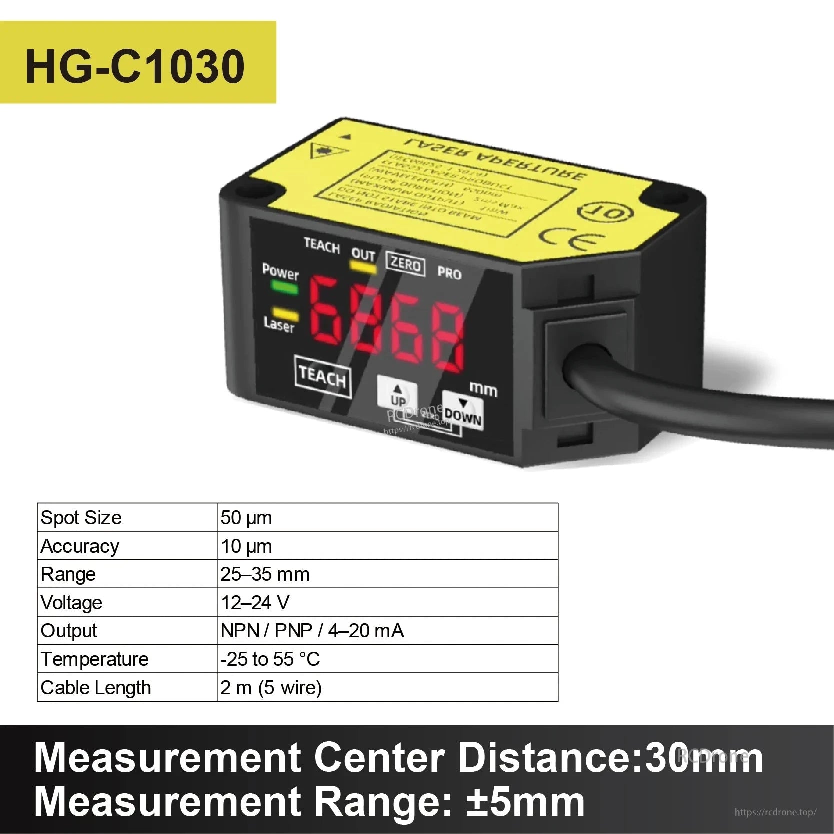 HG-C1030 Laser Distance Sensor, HG-C1030 laser sensor: 50 µm spot, ±10 µm accuracy, 25–35 mm range, 12–24 V, NPN/PNP, 4–20 mA, -25 to 55°C, 2 m cable, measurement center 30 mm, ±5 mm range.