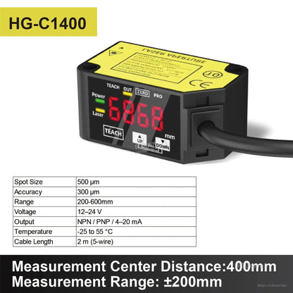 HG-C1030 Laser Distance Sensor, HG-C1400 laser sensor: 500 µm spot, 300 µm accuracy, 200–600 mm range, 12–24 V, NPN/PNP output, -25 to 55°C, 2 m cable, measurement center 400 mm.