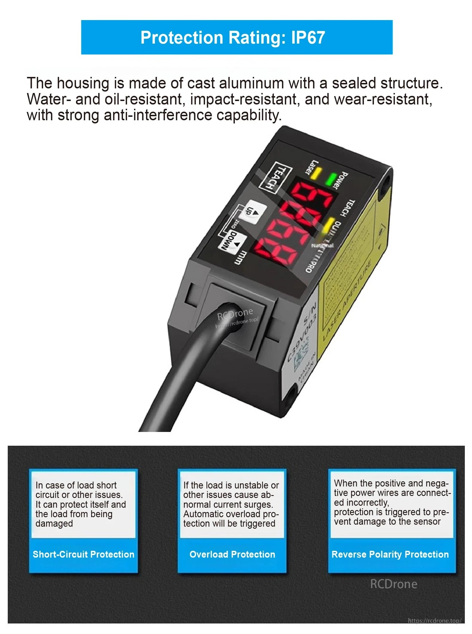 HG-C1030 Laser Distance Sensor, HG-C1030 laser sensor features IP67 rating, aluminum housing, and protection against short-circuit, overload, and reverse polarity for reliable performance in harsh environments.
