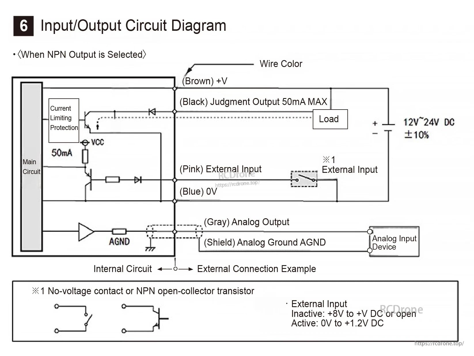 HG-C1030 Laser Distance Sensor, HG-C1030 NPN output laser sensor circuit: wire colors, voltage specs, input conditions, analog output, current limiting, AGND shielding.