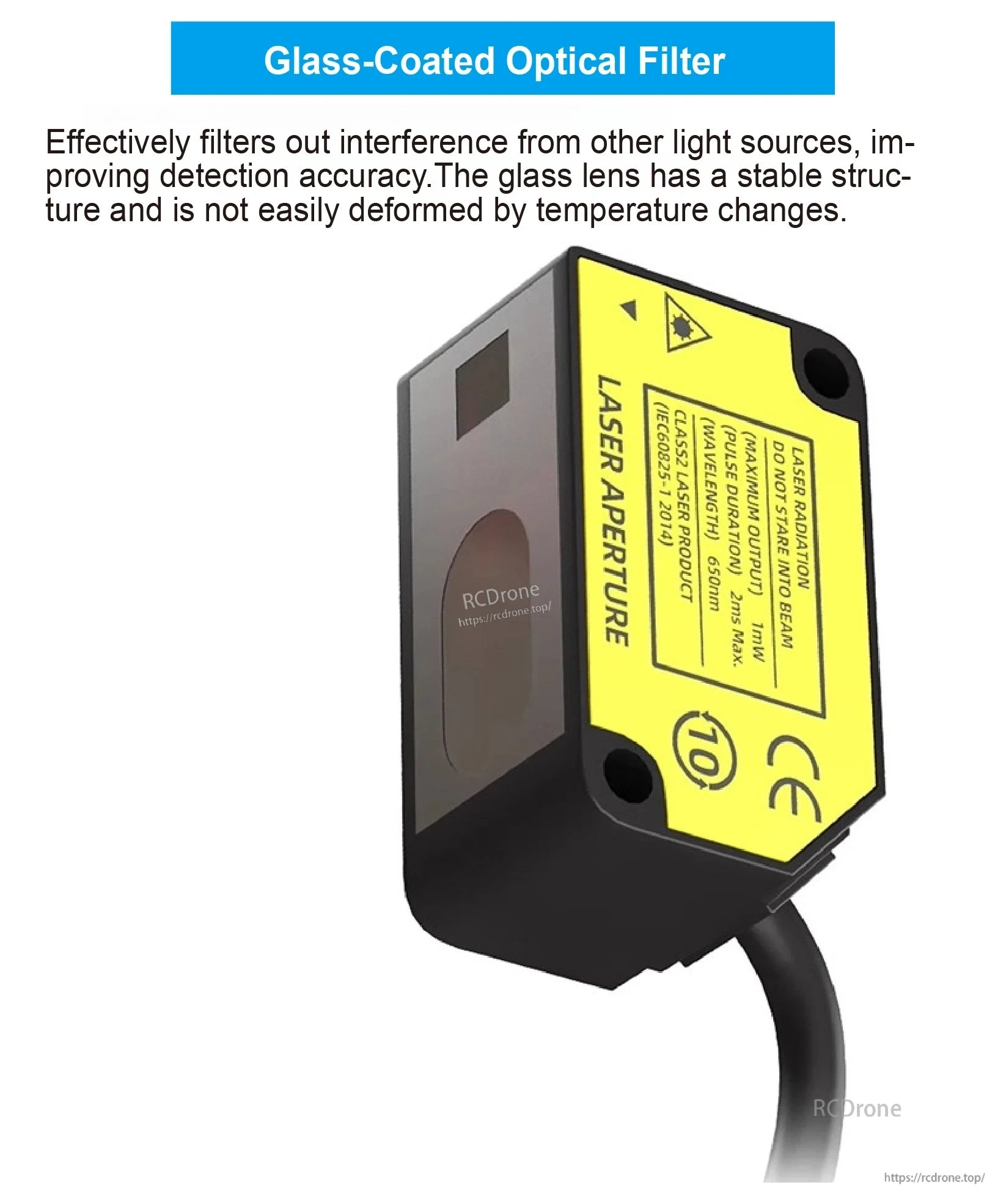 HG-C1030 Laser Distance Sensor, A glass-coated optical filter enhances detection accuracy; the laser sensor has a stable glass lens and resists temperature fluctuations. (24 words)