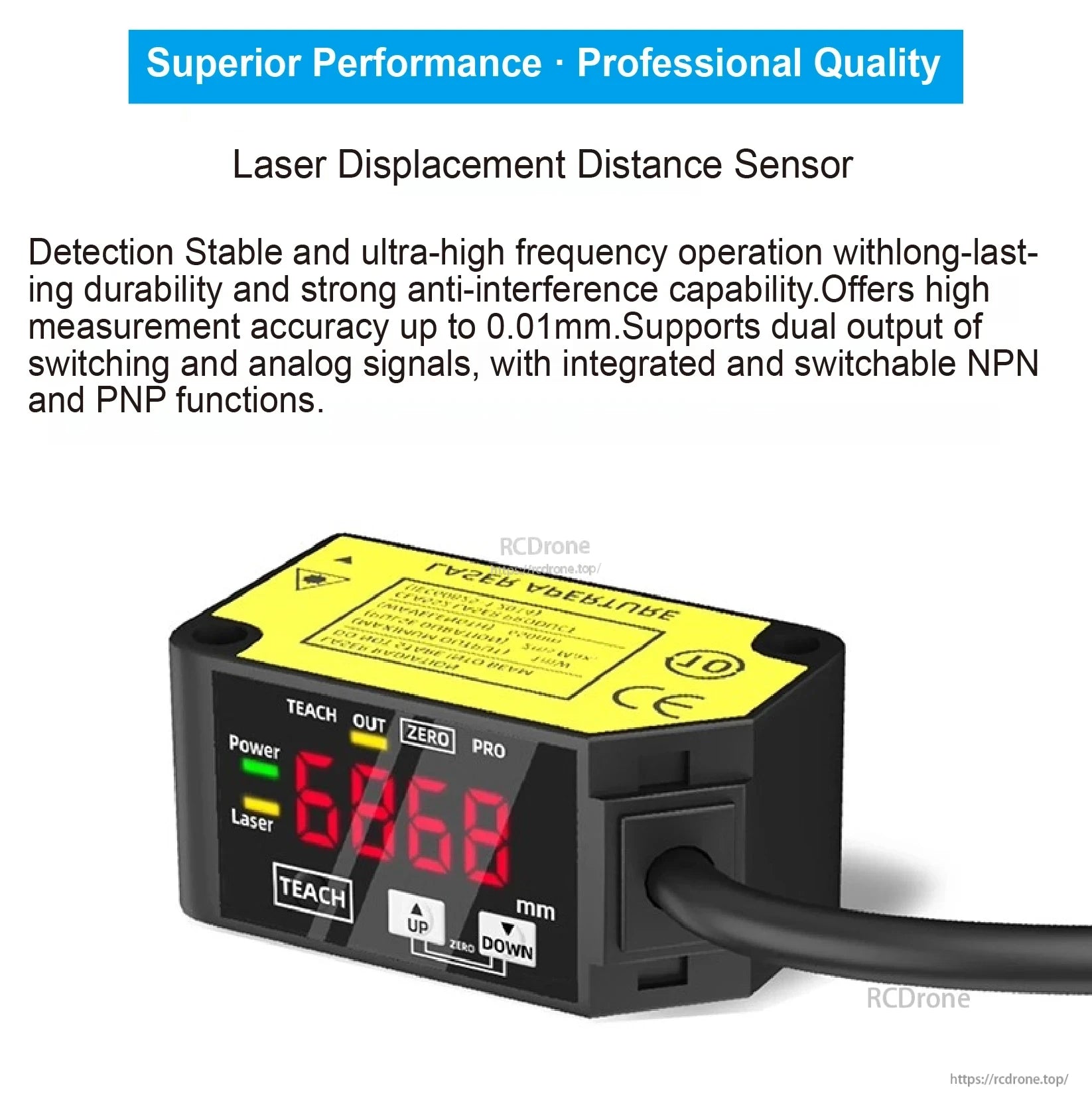 HG-C1030 Laser Distance Sensor, High-precision laser sensor with 0.01mm accuracy, dual signal output, durable design, CE certified, ideal for industrial use. Features digital display and multiple control buttons.
