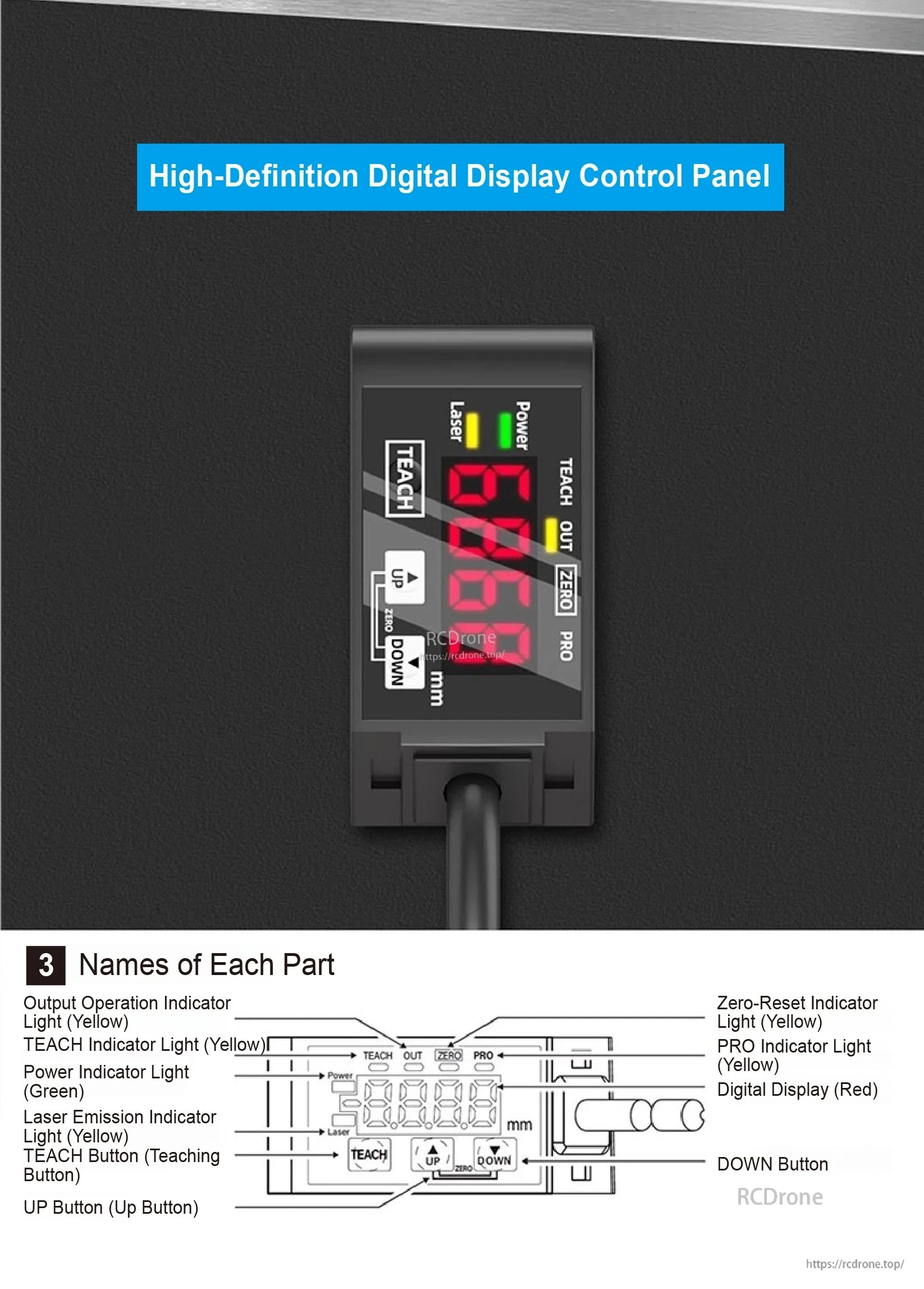 HG-C1030 Laser Distance Sensor, HD digital panel with red LED, power/laser/status indicators, and TEACH, UP, DOWN, ZERO, PRO buttons for operation and calibration.