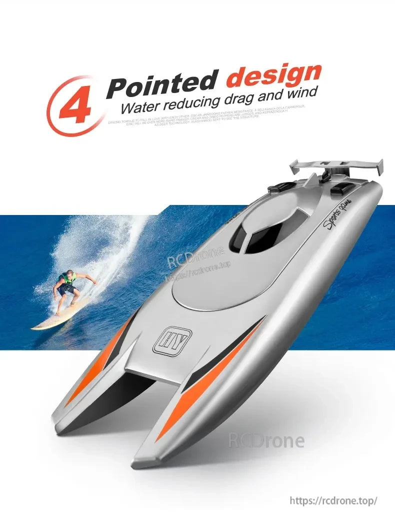 The HGCYRC 805 RC boat features a sleek and pointed design for reduced drag, perfect for racing or having fun on the water.