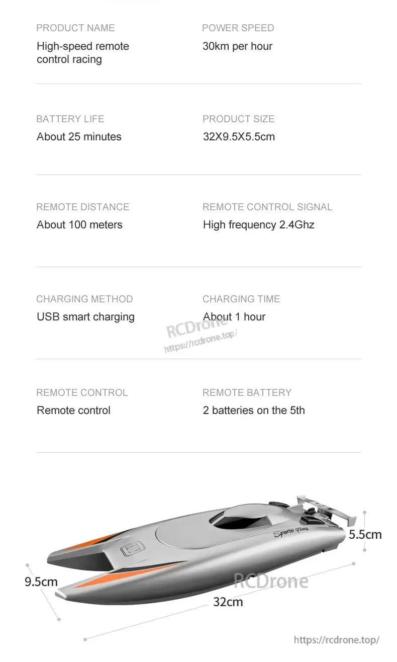 HGCYRC 805 RC Boat is a 2.4G dual-motor speedboat with specifications including speed, size, battery, and runtime.