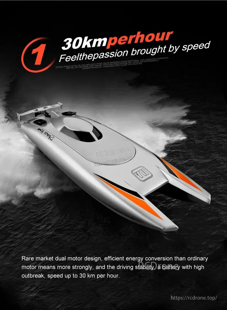 HGCYRC 805 RC Boat, Dual motor drone with 30 km/h speed, high stability, efficient energy conversion, and powerful battery for reliable performance.