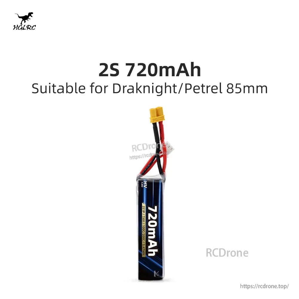 2S 720mAh LiHV/LiPo battery pack with lead and connector, suitable for Draknight/Petrel 85mm