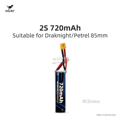 2S 720mAh LiHV/LiPo battery pack with lead and connector, suitable for Draknight/Petrel 85mm