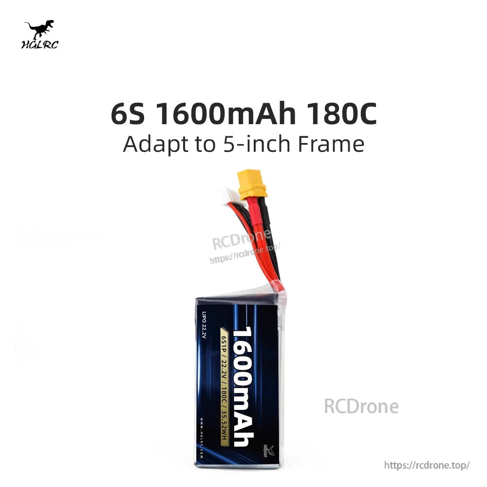 6S 1600mAh 180C LiHV/LiPo battery pack with XT-style connector, labeled for 5-inch frame