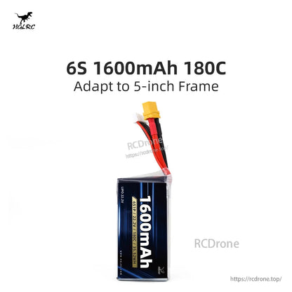 6S 1600mAh 180C LiHV/LiPo battery pack with XT-style connector, labeled for 5-inch frame