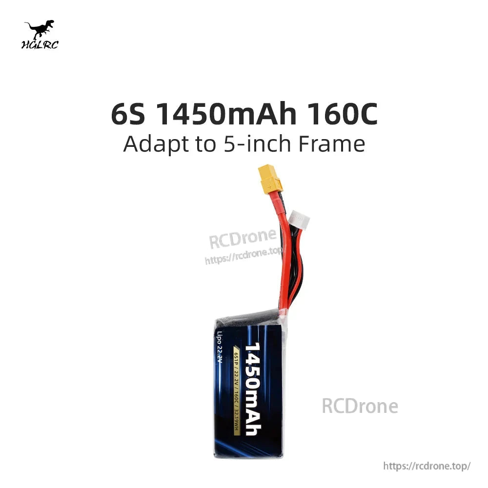 HGLRC 6S 1450mAh 160C LiHV/LiPo battery pack, labeled for 5-inch frame
