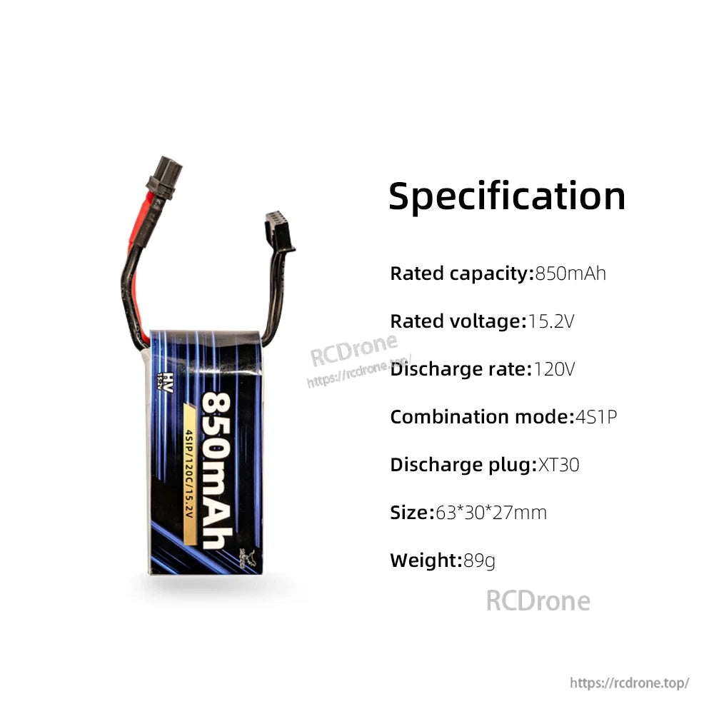 HGLRC 4S 850mAh LiHV/LiPo pack (15.2V) with XT30 connector, 120C discharge rate listed