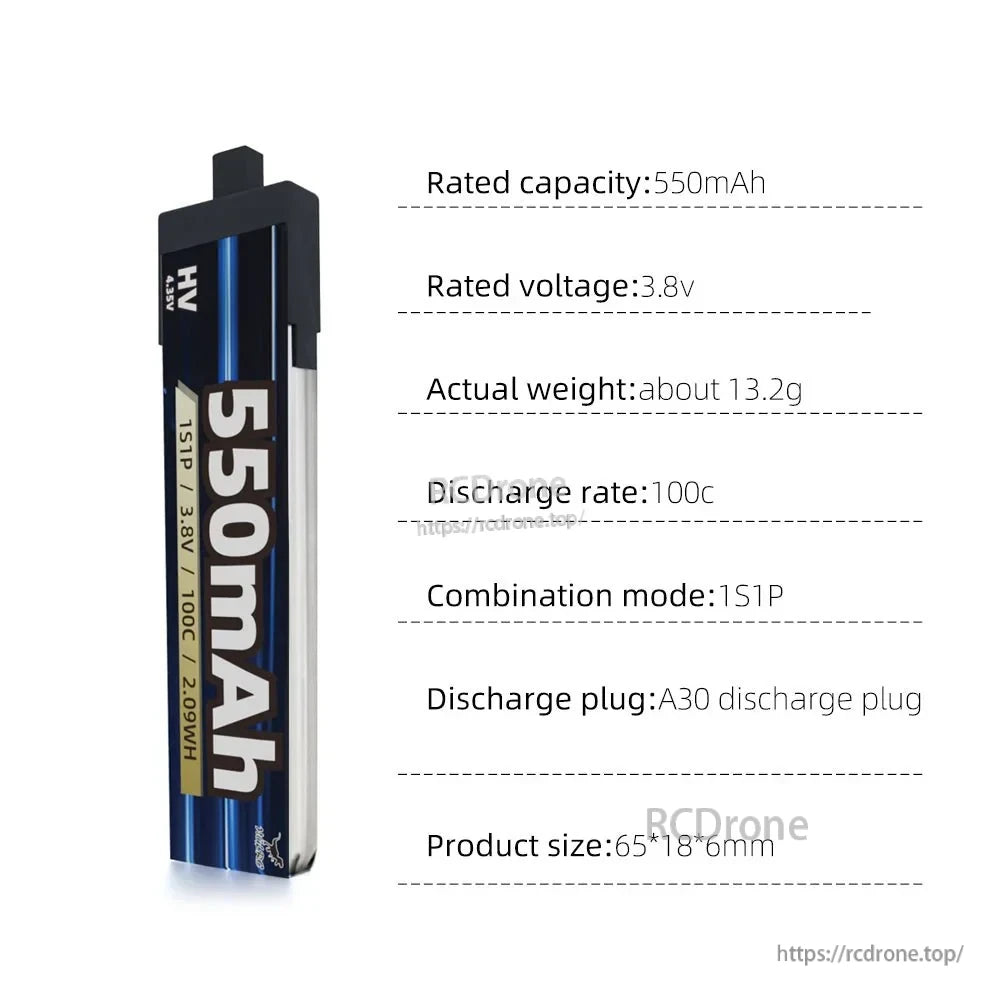 HGLRC 1-6S Power LiHV/LiPo Battery 1S 550mAh (3.8V) with A30 plug, 100C discharge specs