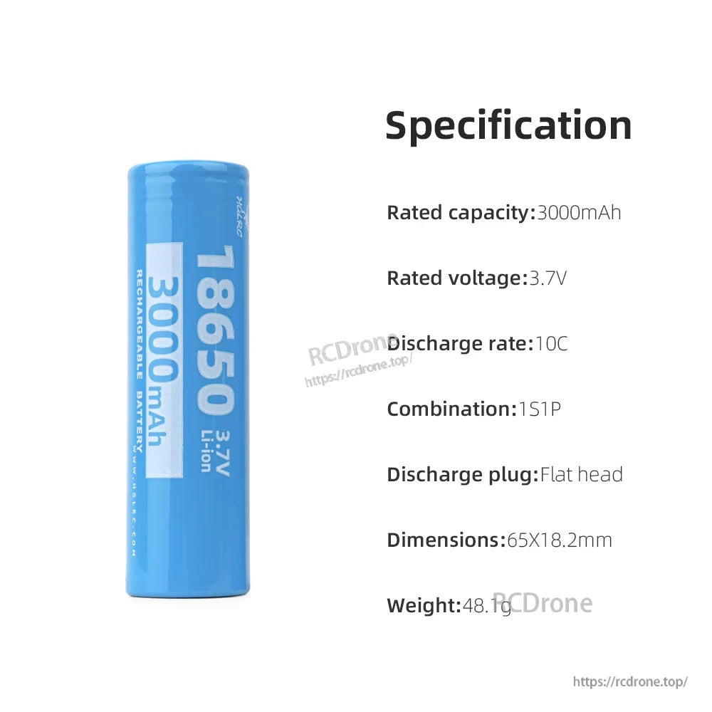 HGLRC 18650 3000mAh Li-ion cell (3.7V) flat-head, 10C discharge, 65×18.2mm dimensions
