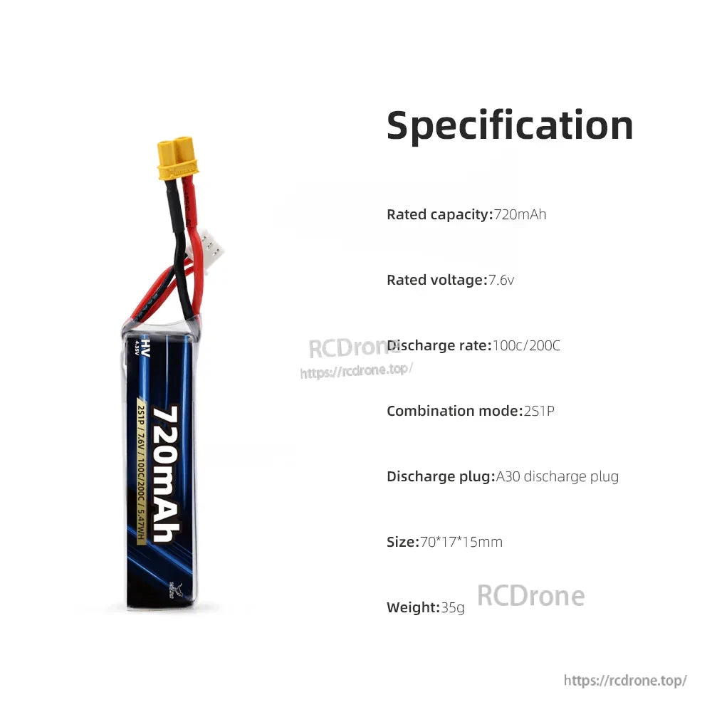 HGLRC 1-6S Power LiHV/LiPo Battery 2S 720mAh (7.6V) A30 plug, 100C/200C discharge specification