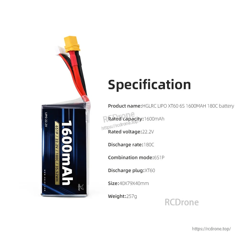 HGLRC LIPO XT60 6S 1600mAh 180C battery (22.2V) specification graphic with XT60 connector
