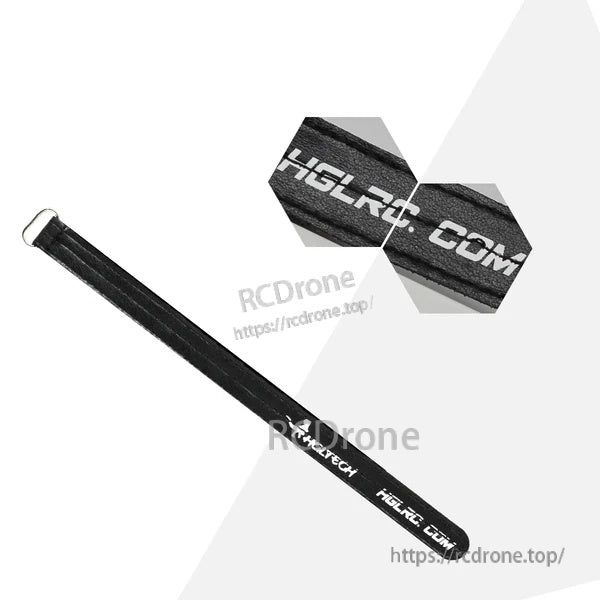 Black HGLRC battery strap with metal buckle and stitched edges, HGLRC.COM logo close-up