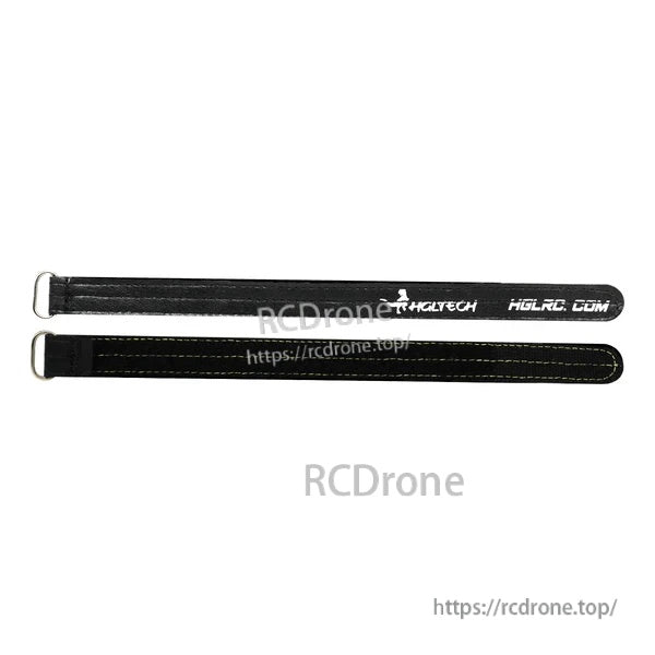 Front and back view of black RC LiPo battery strap with metal buckle and reinforced stitching