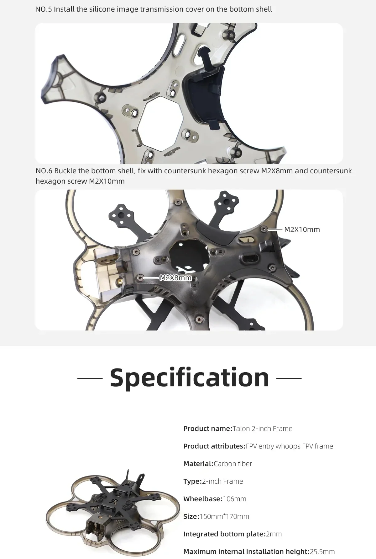 Bottom shell assembly steps with silicone VTX cover, screw locations, and Talon 2-inch frame specification list
