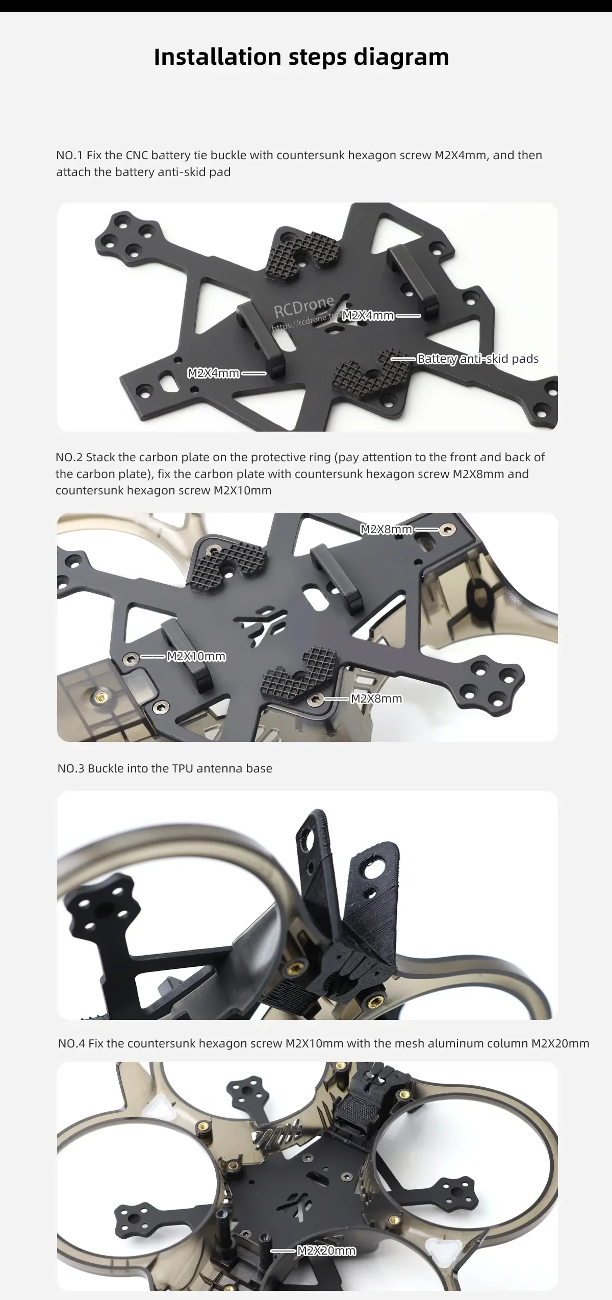 Installation steps for Talon 2-inch frame showing battery tie buckle, carbon plate stacking and antenna mount fastening