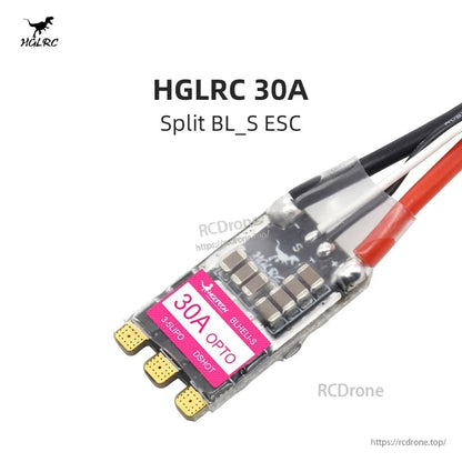 HGLRC 30A split BL_S ESC product view with attached power and signal wires