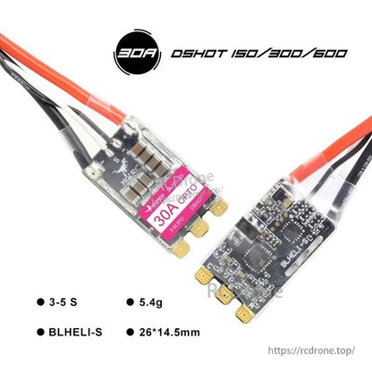Two-angle view with listed specs: 30A, BLHeli_S, DShot 150/300/600, 3–5S, 26×14.5mm