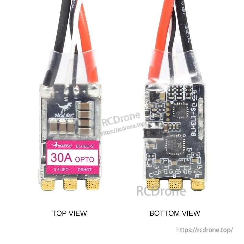 Top and bottom view comparison of the ESC, showing components layout on both sides