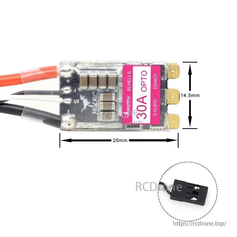 ESC size diagram showing 26mm length and 14.5mm width, plus included signal connector
